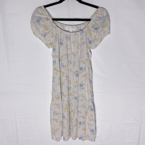 Wild Skye Cream Blue Yellow Pink Floral Off Shoulder Puff Sleeve Mini Dress XS - Picture 1 of 15